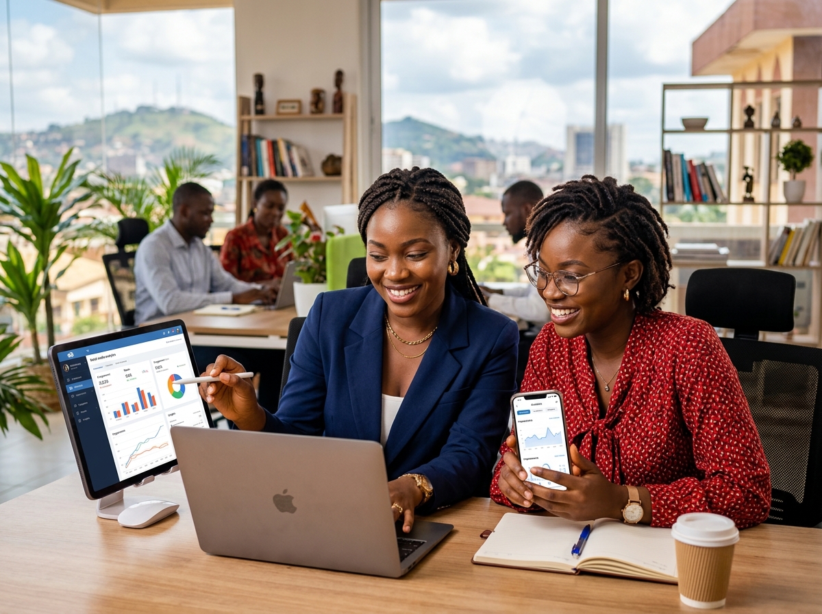 Équipe ASIV Digital accompagnant une entrepreneure camerounaise sur le marketing digital